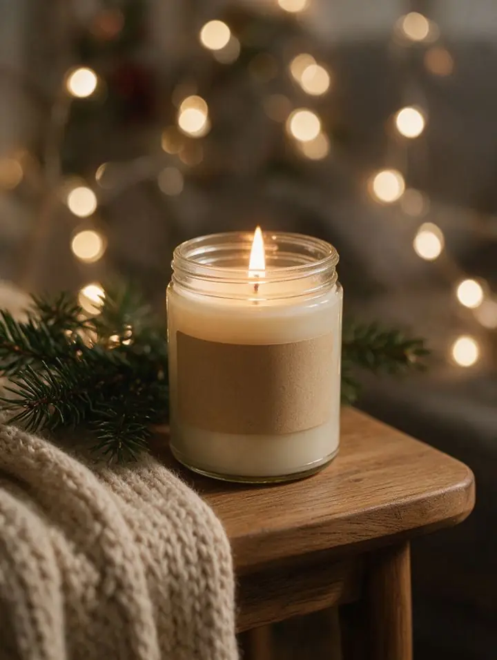 After: AI-assisted Christmas gift product photo of the candle jar with warm lights