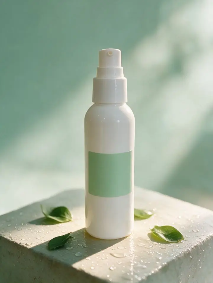 After: AI-assisted lifestyle product photo of the skincare bottle on a stone block with green leaves