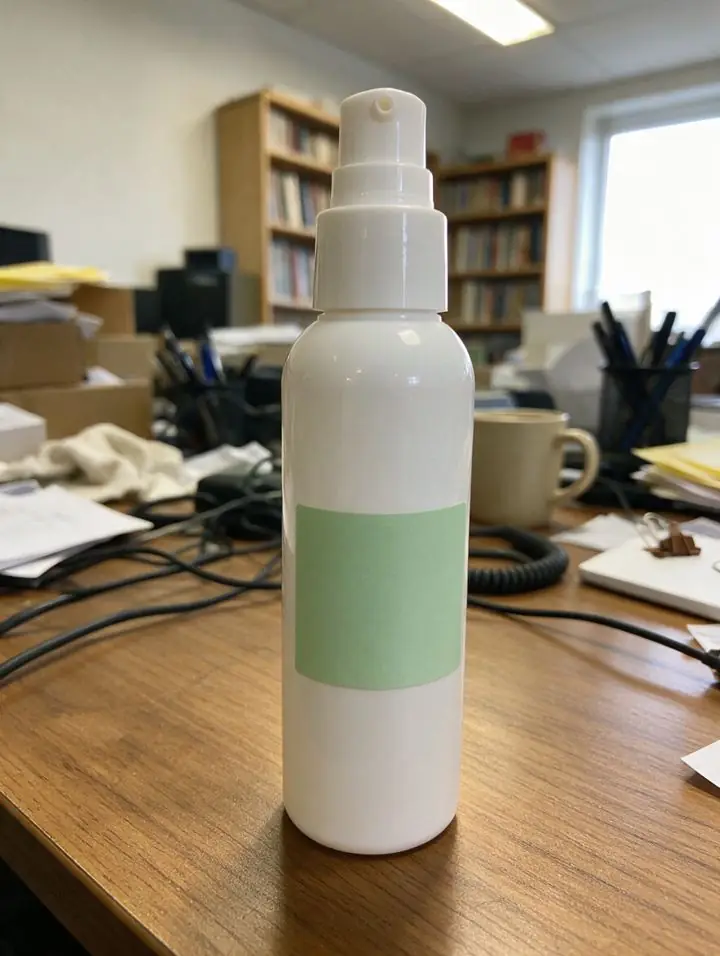 Before: phone photo of a sample skincare bottle on a messy office desk
