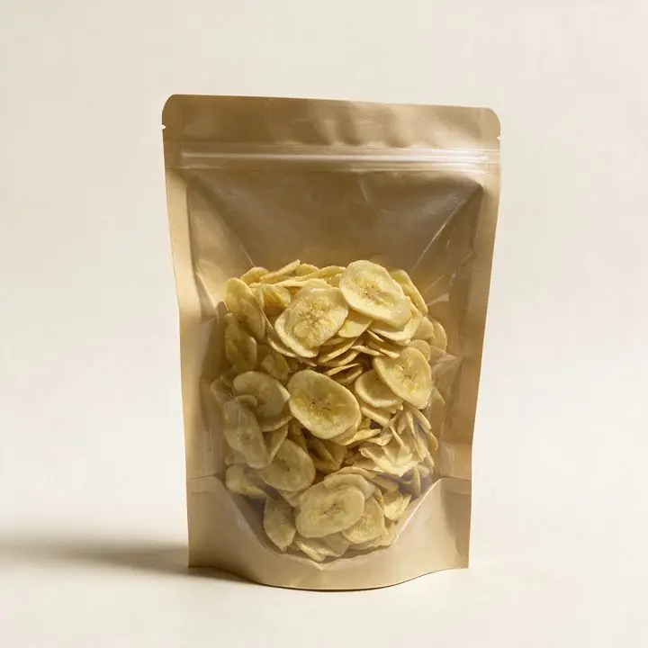 After: AI-assisted studio product photo of the banana chips pouch on a plain background