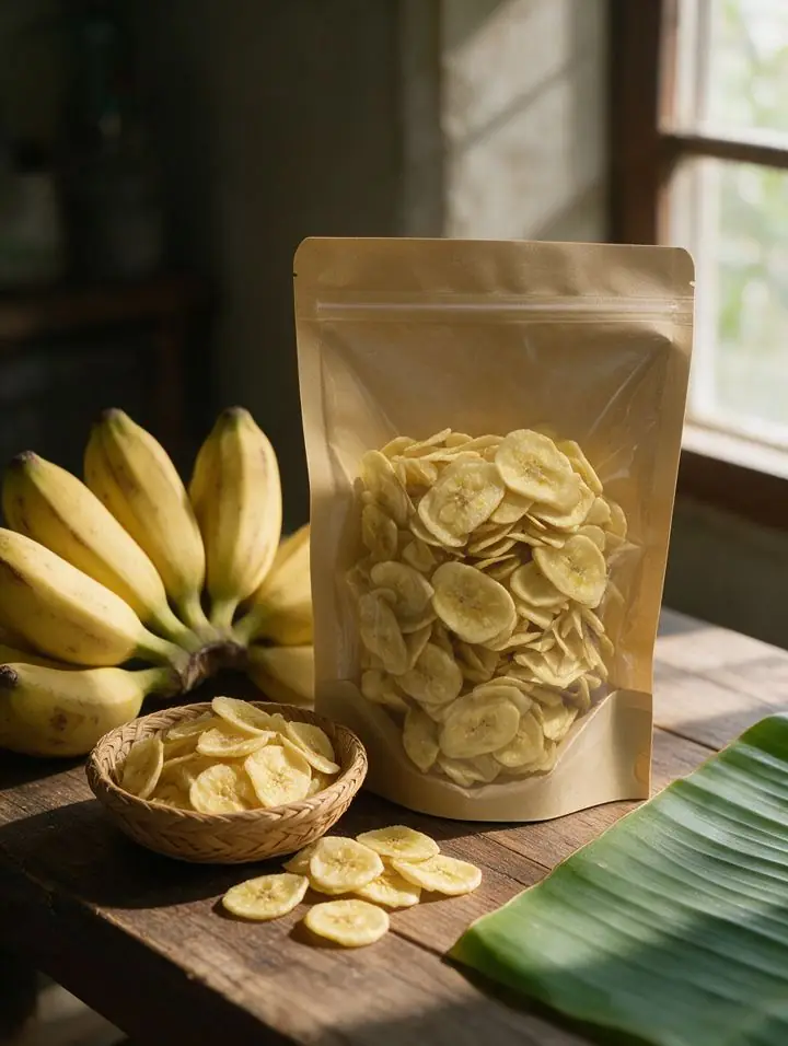 After: AI-assisted merienda lifestyle photo of the banana chips pouch