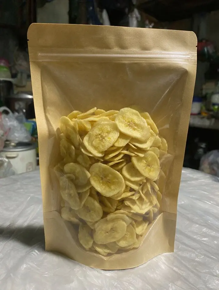 Before: phone photo of a sample banana chips snack pouch